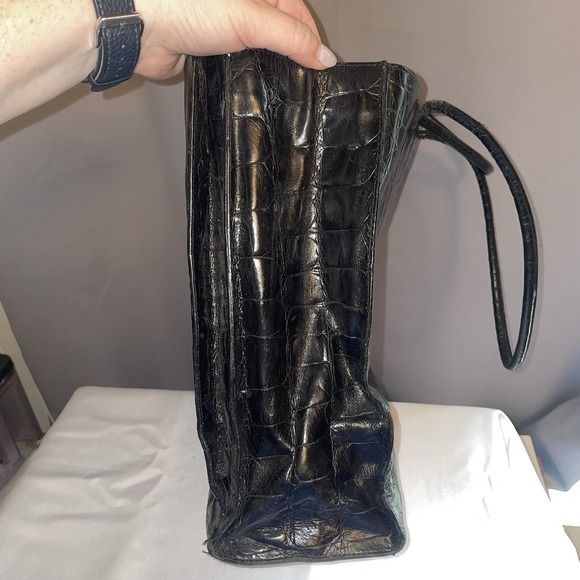 FURLA Vintage Black Tote Shoulder Bag Purse Crocodile Embossed Structured Square - Picture 9 of 13